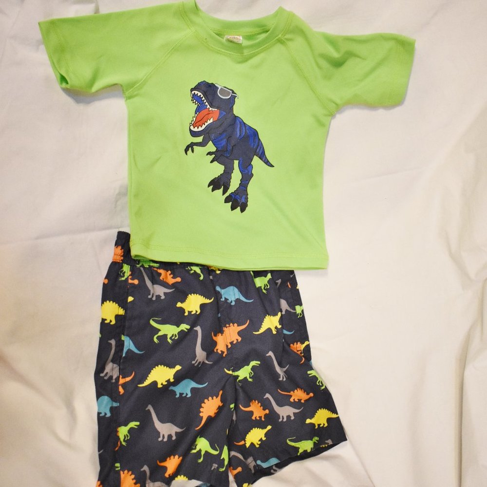 Swiggies 3T Boys 2 Pc  Swimsuit Trunk Set Dino Dinosaur T Shirt